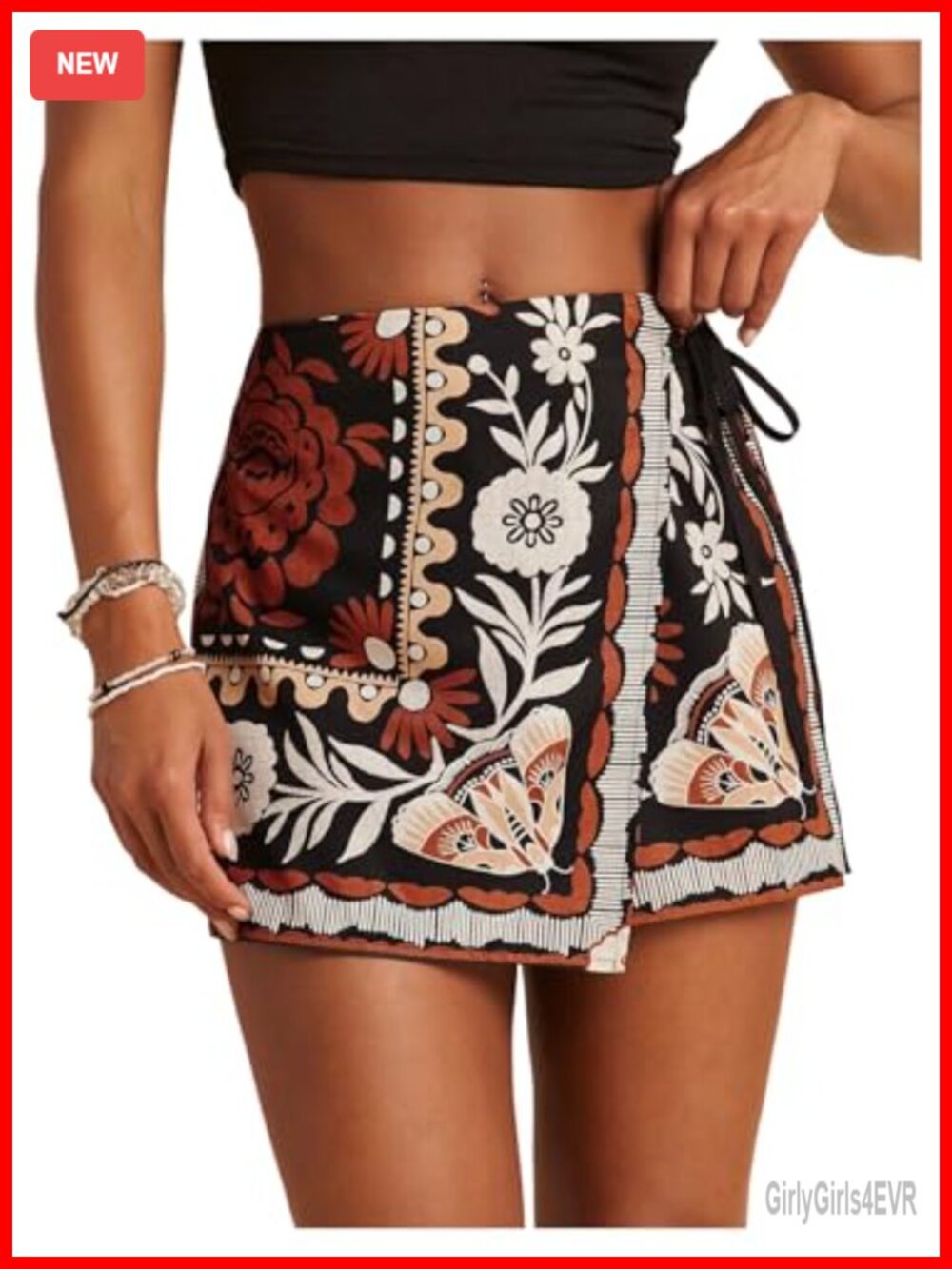 Floral Graphic Wrap Skort Mini Bohemian Drawstring Waist Women Skirt
